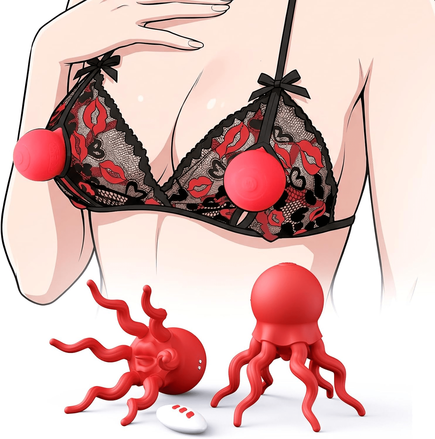 VelvetCoil Octopus Wearable Nipple Vibrators – Remote, 7 Modes - Vixen Adult Playroom