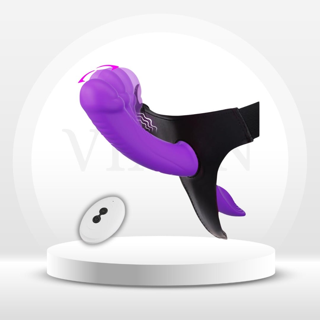 VioletMotion Vibrating Strap-On Dildo, Remote & Dual Motors - Vixen Adult Playroom